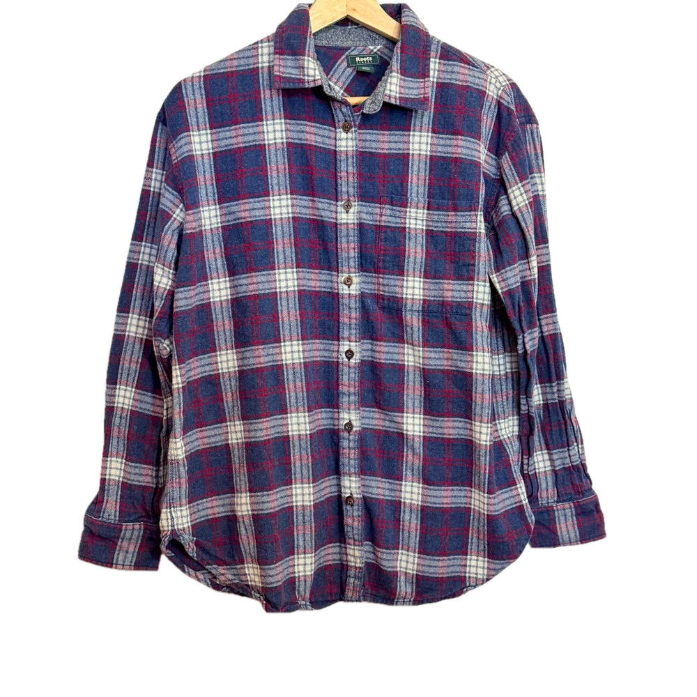 Roots women’s Long sleeve button up flannel shirt plaid pattern weatern cowgirl